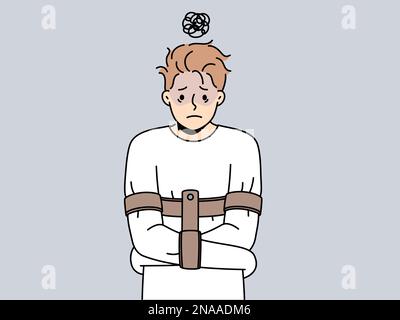 L'homme stressé dans le manteau de straitjade souffrent de problèmes mentaux. Un gars malheureux lutte contre les problèmes psychologiques dans l'hôpital psychiatrique. Illustration vectorielle. Illustration de Vecteur