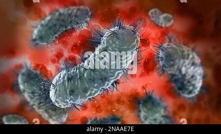Groupe de bactéries dans le sang sous microscope. 3D illustration. Banque D'Images