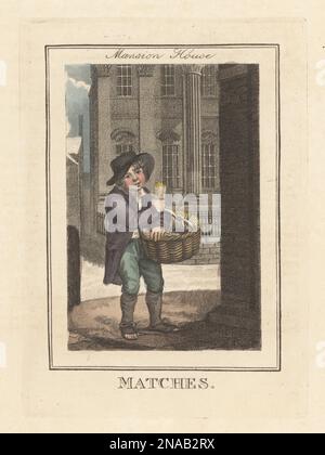 Garçon vendant des matchs devant Mansion House. Matchseller en chapeau, manteau, culottes et chaussures sans orteils avec panier de matchs. La Maison de Mantion de style palladien a été conçue par George Dance comme résidence du maire du Seigneur. Gravure de plaques de copperplate de couleur main par Edward Edwards, d'après une illustration de William Marshall Craig de Description des plaques représentant les Itinerant Traders de Londres, Richard Phillips, n° 71 St Paul's Churchyard, Londres, 1805. Banque D'Images