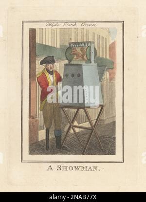 Interprète de rue avec son spectacle de peepshow à Hyde Park Corner, Londres, 1805. Un vétéran de l'armée handicapé en tricorne et redcoat uniforme avec la jambe de cheville racontant des histoires avec un spectacle d'images. Un écureuil qui tourne dans une roue sur une cage pour sonner une rangée de cloches. En arrière-plan, Lanesborough House. Gravure de plaques de copperplate de couleur main par Edward Edwards, d'après une illustration de William Marshall Craig de Description des plaques représentant les Itinerant Traders de Londres, Richard Phillips, n° 71 St Paul's Churchyard, Londres, 1805. Banque D'Images