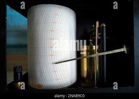 Un outil de mesure scientifique connu sous le nom de barographe, utilisé pour mesurer la pression atmosphérique ; Antarctique Banque D'Images