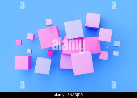 3d illustration d'un cube coloré sur fond bleu. Fond de métaball numérique du vol Banque D'Images