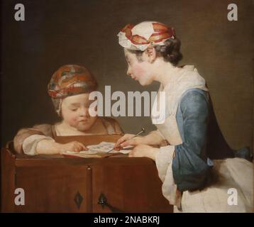 La jeune maîtresse d'école du peintre rococo français Jean-Simeon Chardin à la National Gallery, Londres, Royaume-Uni Banque D'Images