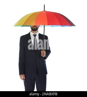 Homme d'affaires avec parapluie arc-en-ciel sur fond blanc Banque D'Images