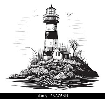 Phare sur le bord de mer croquis dessiné à la main illustration Illustration de Vecteur