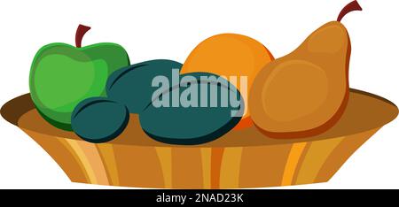 Vie fixe isolée sur fond blanc. Assiette de fruits. Poire, prunes et mandarines. Illustration de Vecteur