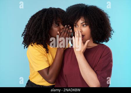 Ne le dites à personne, mais... photo en studio d'une jeune femme qui chuchote dans l'oreille de ses amis sur fond bleu. Banque D'Images