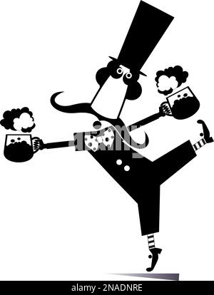 Drôle de moustache homme long dans le chapeau supérieur tenant deux grandes tasses de bière. Illustration en noir et blanc Illustration de Vecteur