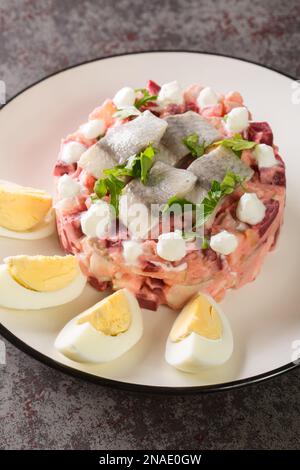Sillsallad Herring salade avec des légumes vêtus de crème aigre et décoré avec des œufs durs dans une assiette sur la table. verticale Banque D'Images