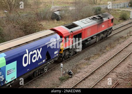 DBS Class 66 loco 66175 « Rail Riders Express » transporte un service de biomasse entre Immingham et Drax Power Station via Scunthorpe le 16/1/23. Banque D'Images