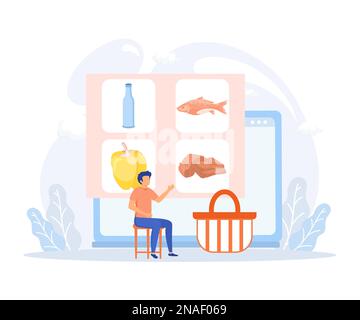 Illustration de l'épicerie. Achat de caractère dans le supermarché et en ligne de légumes biologiques frais et d'autres produits d'épicerie. Concept d'achat de nourriture. vecteur plat Illustration de Vecteur