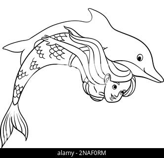 Page de coloriage isolée Mermaid et Dolphin Illustration de Vecteur