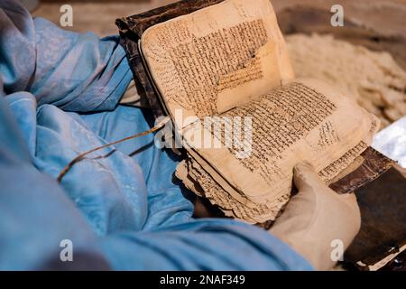 Livres anciens Qur'anic présentés par le bibliothécaire portant des gants Banque D'Images