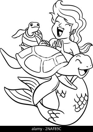 Mermaid jouant avec Turtle Isolated coloriage page Illustration de Vecteur