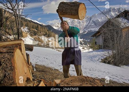 Farmer fend des bûches pour le bois de chauffage pour chauffer la ferme tout au long de l'hiver dans un village rural alpin de la Val dans les Dolomites en Italie Banque D'Images