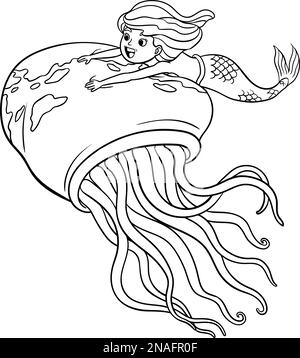 Mermaid à cheval dans un méduse géant isolé Illustration de Vecteur
