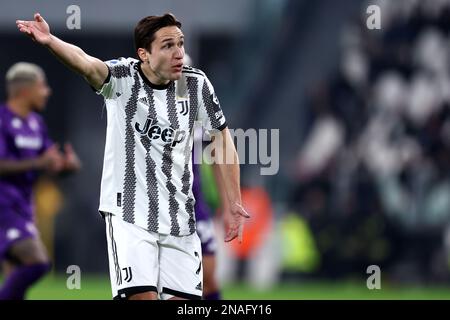 Turin, Italie. 12th févr. 2023. Federico Chiesa de Juventus FC gestes pendant la série Un match de football entre Juventus FC et ACF Fiorentina au stade Allianz sur 12 février 2023 à Turin, Italie . Credit: Marco Canoniero / Alamy Live News Banque D'Images