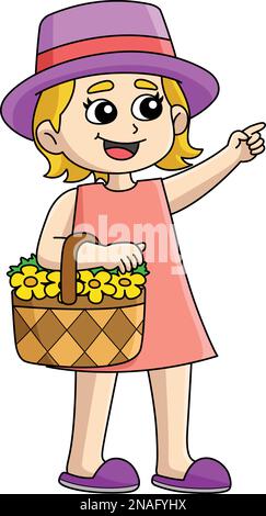 Spring Girl Holding basket Flower Cartoon Clipart Illustration de Vecteur