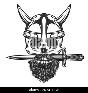 Crâne viking en casque à cornes avec moustache et barbe et couteau croisé, poignard isolé sur fond blanc, illustration monochrome Illustration de Vecteur