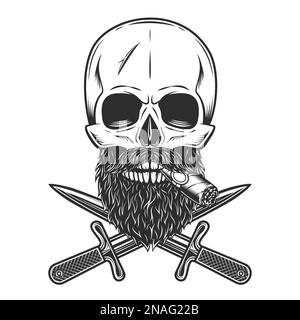 Crâne fumant cigare ou cigarette avec moustache et barbe et couteau croisé dagger isolé sur fond blanc monochrome vintage illustration Illustration de Vecteur