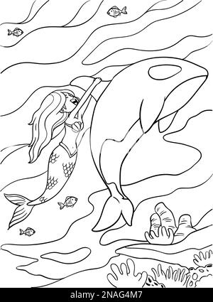 Page de coloriage Mermaid and Dolphin pour les enfants Illustration de Vecteur
