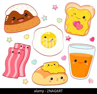 Heure du petit déjeuner. Ensemble de jolis symboles culinaires dans le style kawaii pour un joli motif. Œufs brouillés, cupcake, jus d'orange, pain au beurre, sandwich au miel, bacon. VEC Banque D'Images