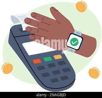 Paiement Smart Watch avec le terminal POS. Application bancaire mobile et paiement électronique. Paiement sans fil NFC sans contact. Paiement mobile. Paiements NFC sans fil. Illustration de Vecteur