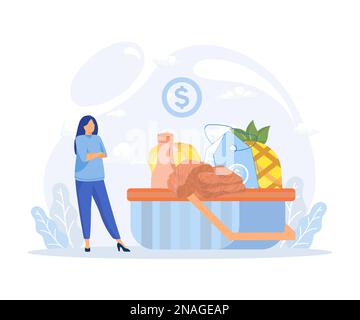 Illustration du gonflage. Personnages achetant des produits d'épicerie et de luxe dans le supermarché et s'inquiète de l'augmentation de prix.Flat vecteur illustration moderne Illustration de Vecteur