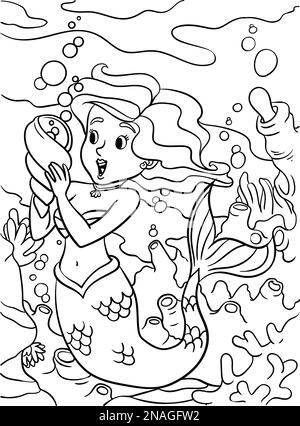 Page de coloriage de la coquille en spirale de maintien Mermaid Illustration de Vecteur