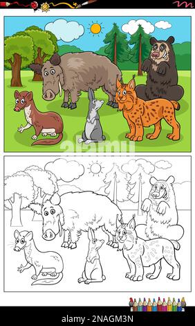 Dessins animés illustrations de drôle de caractères d'animaux sauvages groupe de coloriage page Illustration de Vecteur