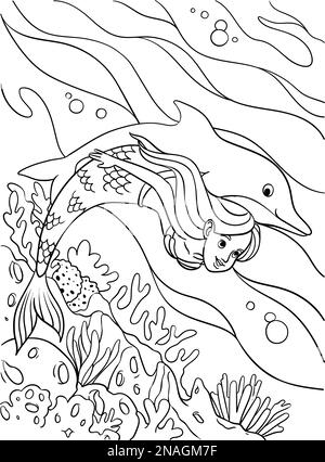 Page de coloriage Mermaid and Dolphin pour les enfants Illustration de Vecteur