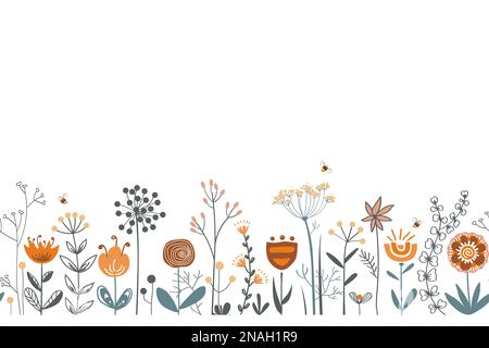 Les fleurs de fées et les herbes bordent dans le style scandinave, sans couture motif vectoriel. Toile de fond de la prairie de fleurs Doodle avec des abeilles de miel. Conception pour le tissu Illustration de Vecteur