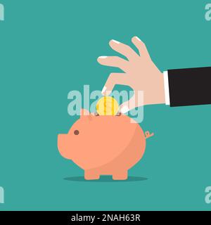 Tirelire et homme d'affaires main avec pièce de monnaie dans un motif plat Illustration de Vecteur