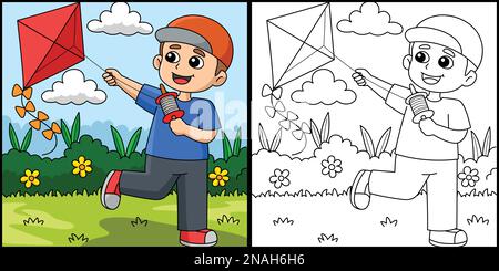 Spring Boy Flying a Kite coloriage Illustration Illustration de Vecteur