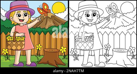 Spring Girl tenant un panier Flower Illustration Illustration de Vecteur