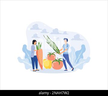 Illustration légumes d'épicerie. Achat de caractère en ligne et de mettre dans le panier d'achat ou le chariot des légumes frais et des articles d'épicerie. Épicerie et h Illustration de Vecteur