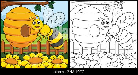 Abeille de printemps avec une illustration de coloration de ruche Illustration de Vecteur