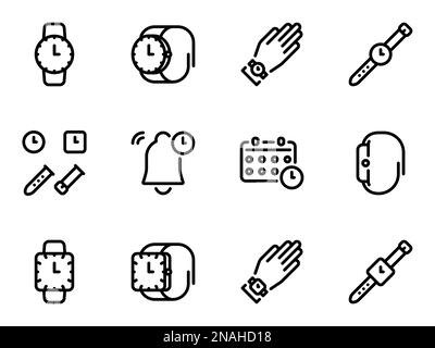 Ensemble d'icônes vectorielles noires, isolées sur fond blanc. Illustration plate sur une montre-bracelet à thème comme accessoire pour la gestion du temps Illustration de Vecteur