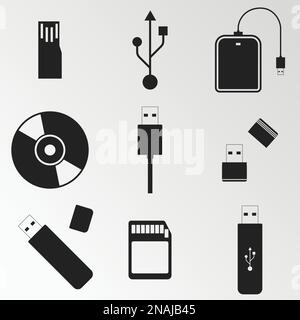 Ensemble d'objets sur le thème du disque d'ordinateur, usb Illustration de Vecteur
