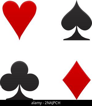 Combinaisons de cartes de poker - coeurs, clubs, spades et diamants - sur fond blanc. Illustration du vecteur de thème de jeu de casino. Formes noir et rouge avec simp Illustration de Vecteur