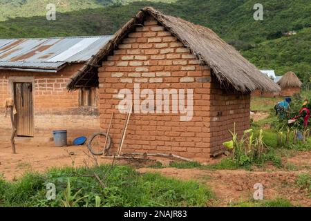 06.02.2023 - Tunduma, Tanzanie - Maisons en brique de boue avec toit de chaume dans village rural. Banque D'Images