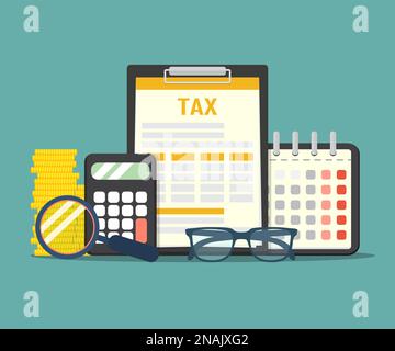 Paiement de taxe concept. Analyse des données, documents administratifs, rapport de recherche financière et calcul de la déclaration de revenus. Paiement de la dette. Illustration vectorielle en s plats Illustration de Vecteur