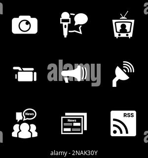 Icônes pour thème Actualités, média de masse, vecteur, icône, définir. Arrière-plan noir Illustration de Vecteur