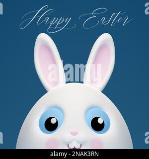 3D bannière joyeuses Pâques avec un petit lapin blanc kawaii avec de grands yeux bleus Banque D'Images