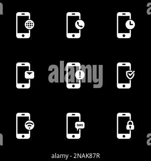 Ensemble d'icônes simples sur un thème téléphone fonctions, fonctionnalité, notification, communication, Internet, message, vecteur, définir. Arrière-plan noir Illustration de Vecteur