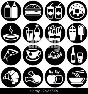 Ensemble d'icônes simples sur un thème Fast food, boissons, café, alcool, restaurant, bonbons, nourriture nocive, aire de restauration, vecteur, set. Arrière-plan blanc Illustration de Vecteur