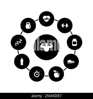 Ensemble d'icônes simples sur un thème Fitness, vecteur, design, collection, plat, signe, symbole, élément, objet, illustration, isolé. Arrière-plan blanc Illustration de Vecteur