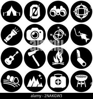 Ensemble d'icônes simples sur un thème camping d'été, voyage, vecteur, conception, collection, plat, signe, symbole, élément, objet, illustration. Arrière-plan blanc Illustration de Vecteur