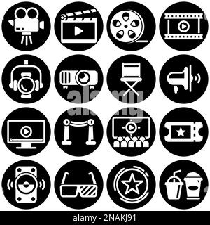 Ensemble d'icônes simples sur un thème Cinéma, théâtre, divertissement, son, moniteur, allée de renommée, éclairage, lumière, vecteur, design, plat, signe, symbole, objet Illustration de Vecteur