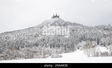 Paysage d'un château Hohenzollern en hiver avec neige et brouillard au-dessus de la forêt. Banque D'Images